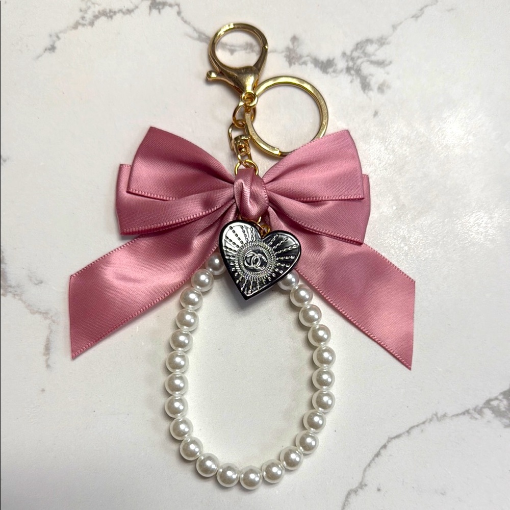 Pink and White Bow Pearl Key Holder with Chanel charm